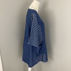 STEFANI 100% LINEN blue boxy top coastal artsy lagenlook ESTONIA 2 L - XL